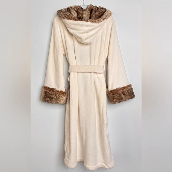 Pottery Barn Ombré Cream & Brown Faux Fur Trim Women’s Plush Bath Robe M - Picture 5 of 13